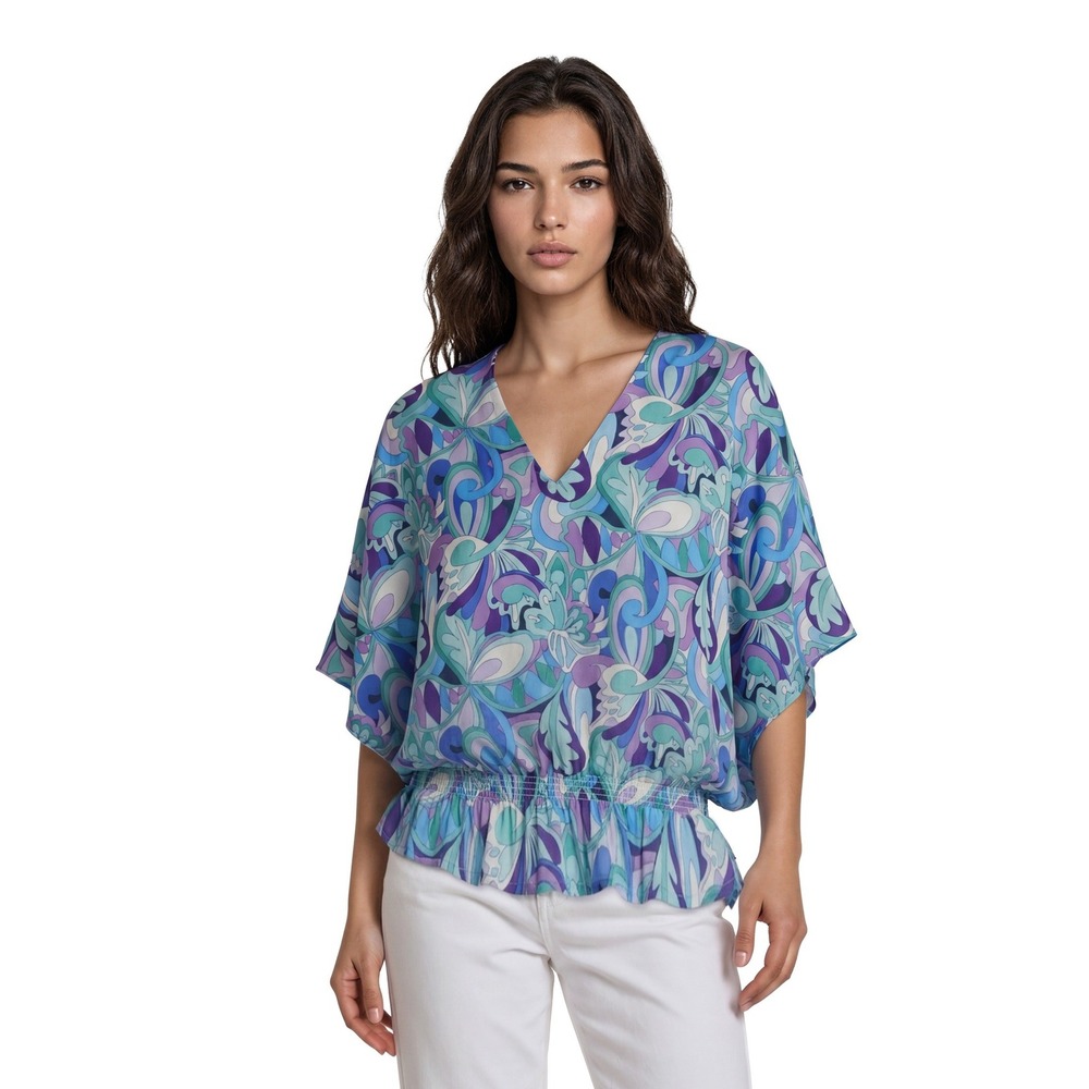 Boston Proper Peplum Top Blouse Women's Size‎ Large Blue Paisley Dolman Sleeve